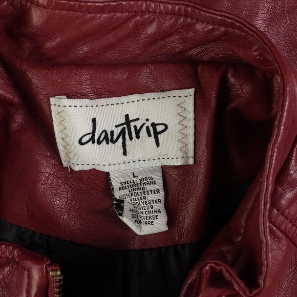 Daytrip Women's Large Moto Jacket Faux Leather Zip Up Pockets Red Solid - Picture 3 of 5